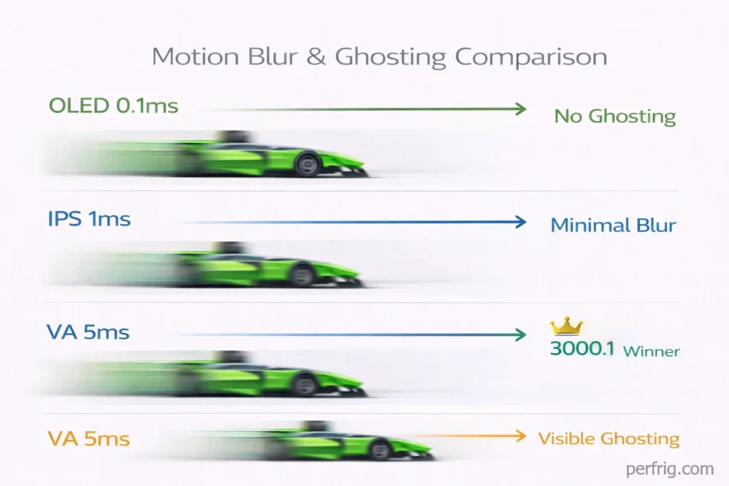 Panel response time ghosting comparison showing OLED 0.1ms clean, IPS 1ms minimal blur, VA 5ms visible ghosting