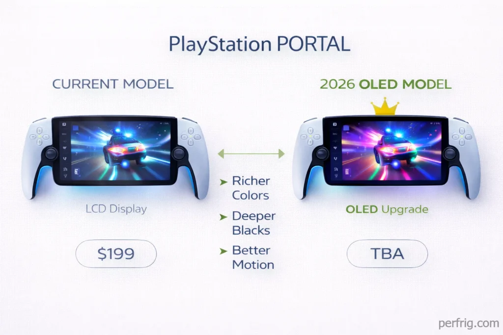 PlayStation Portal OLED refresh 2026 comparison showing enhanced display quality over current LCD model