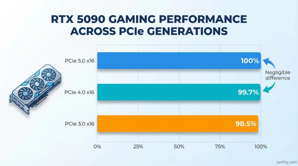 Bar chart showing RTX 5090 performs nearly identically across PCIe 5.0, 4.0, and 3.0 with less than 2% difference