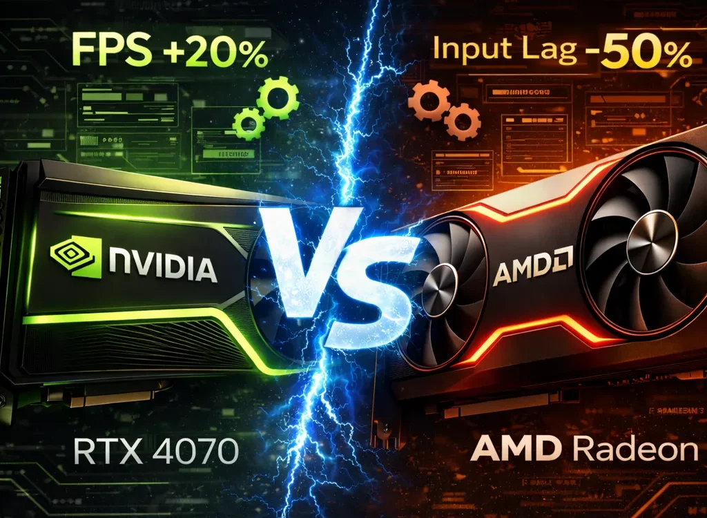 NVIDIA and AMD graphics cards side by side showing GPU optimization settings for maximum FPS gaming performance