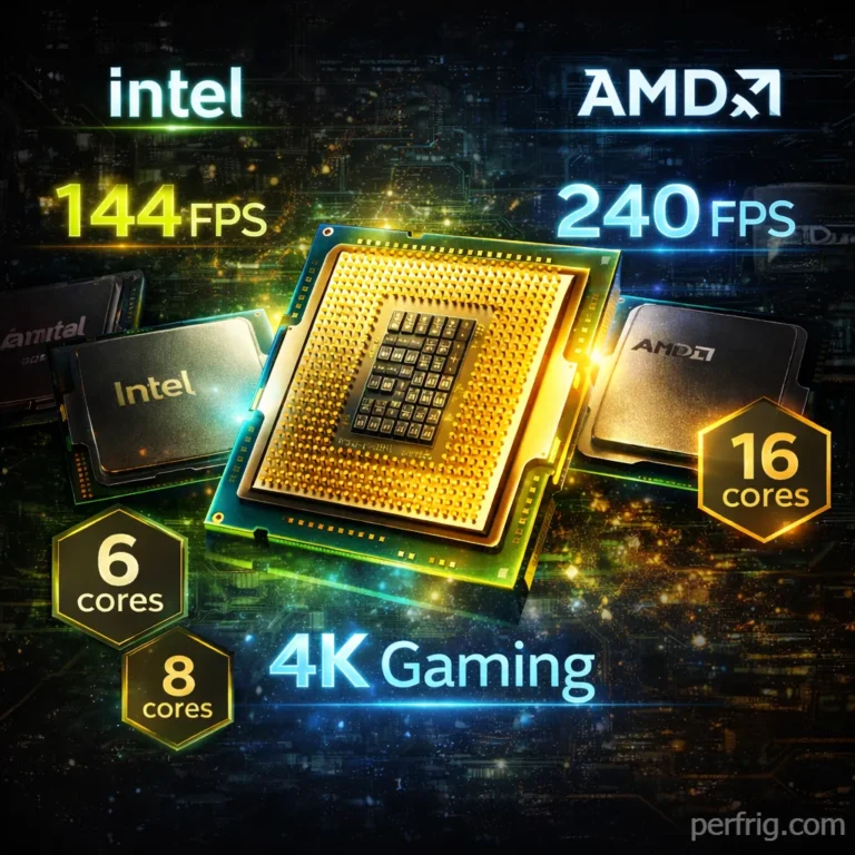 Gaming CPUs showcase with performance metrics showing different processor tiers and gaming framerates