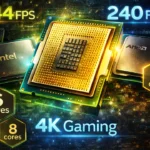 Gaming CPUs showcase with performance metrics showing different processor tiers and gaming framerates