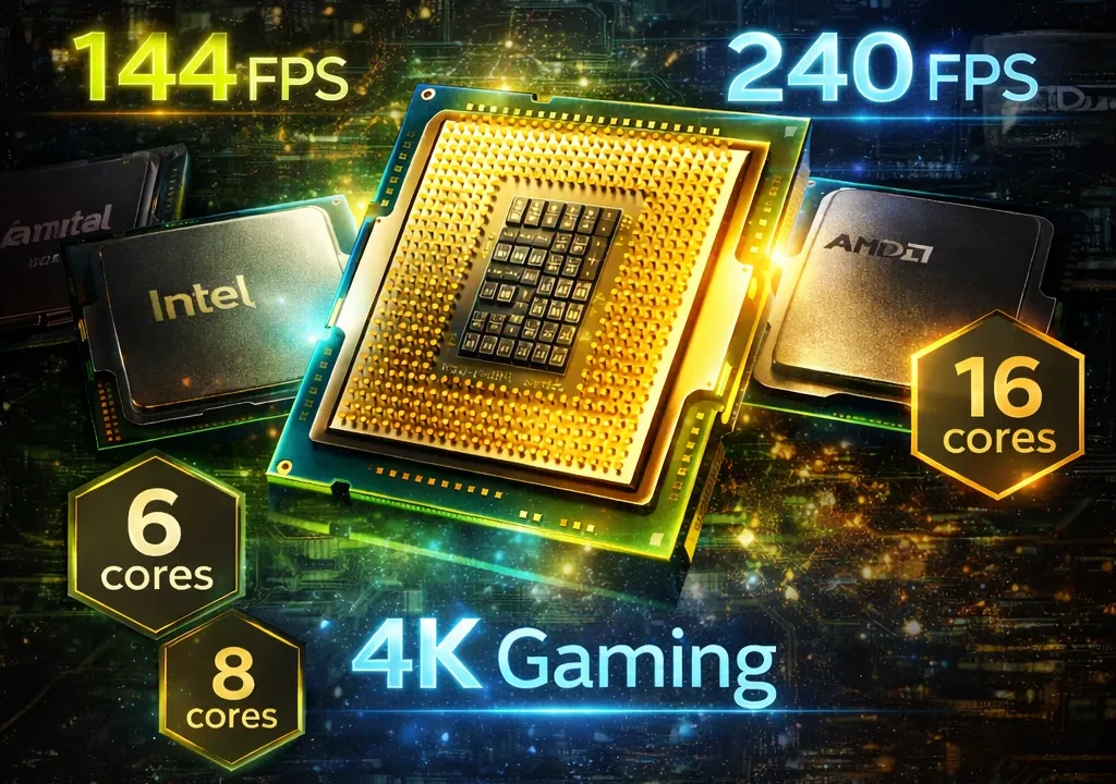 Gaming CPUs showcase with performance metrics showing different processor tiers and gaming framerates