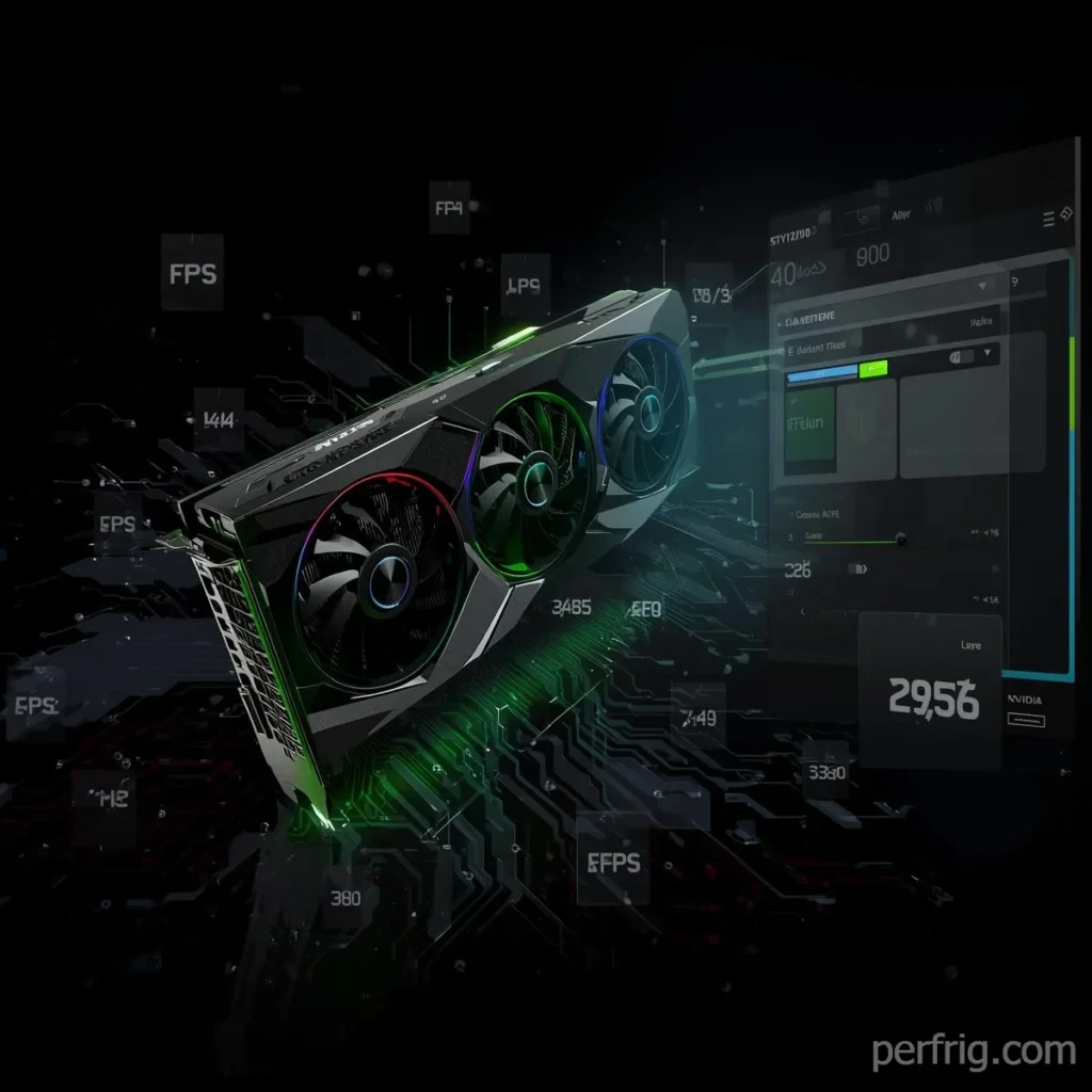 NVIDIA graphics card with control panel interface overlay showing performance settings and FPS optimization options