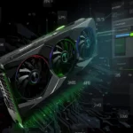 NVIDIA graphics card with control panel interface overlay showing performance settings and FPS optimization options