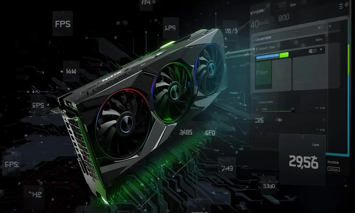 NVIDIA graphics card with control panel interface overlay showing performance settings and FPS optimization options
