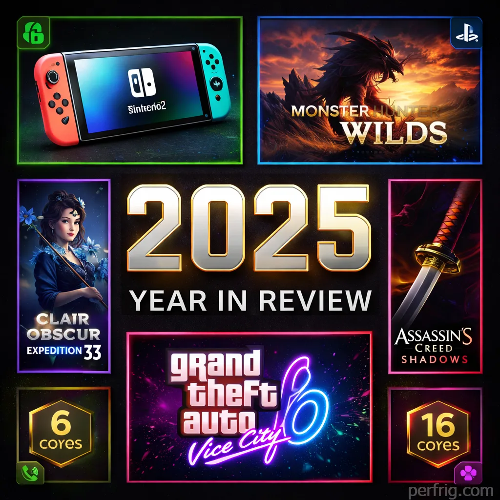 2025 gaming year review collage featuring Nintendo Switch 2, Monster Hunter Wilds, Clair Obscur, GTA 6 and Assassin's Creed Shadows