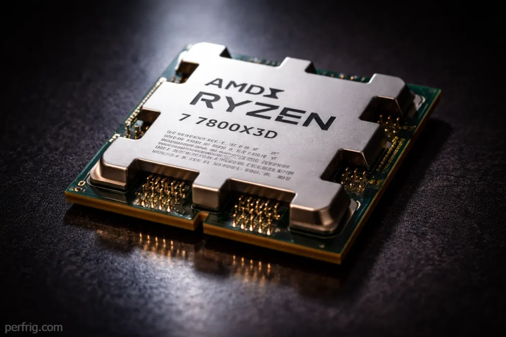 AMD Ryzen 7 7800X3D processor close-up showing CPU design and branding
