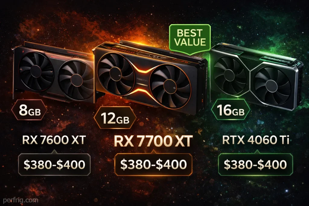 Best budget graphics cards under $400 in 2026 featuring RX 7700 XT, RTX 4060 Ti, and RX 7600 XT with price comparisons