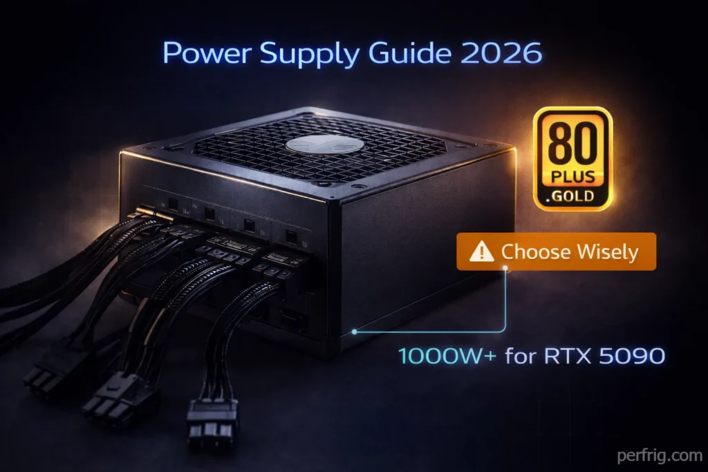 Gaming PC power supply buying guide 2026 featuring modular PSU with dramatic lighting and safety warnings
