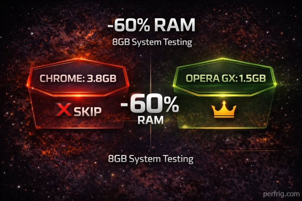 Memory usage verdict showing Opera GX using 60% less RAM than Chrome on budget systems