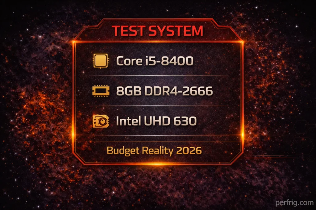 Budget gaming test system specifications: Core i5-8400, 8GB RAM, integrated graphics