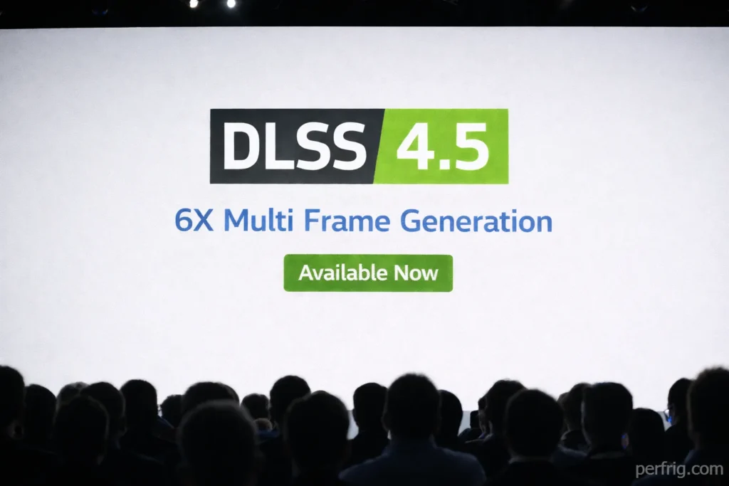 NVIDIA DLSS 4.5 announcement at CES 2026 showing new features and no GPU launch confirmation