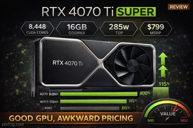 RTX 4070 Ti Super graphics card review showing specifications, performance comparison and value assessment at $799 price point
