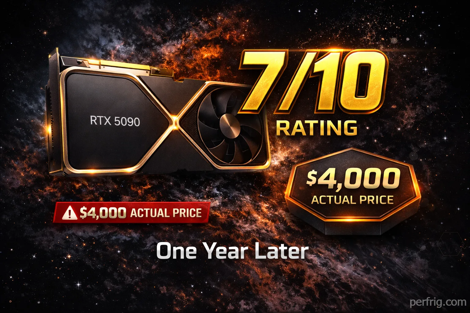 NVIDIA RTX 5090 review showing 7/10 rating with $4,000 pricing reality after one year on market