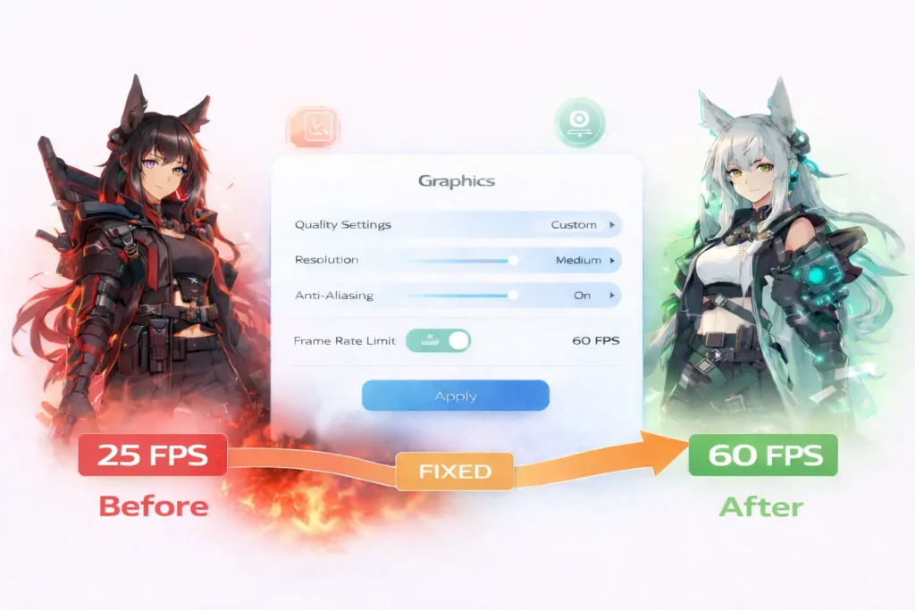 Arknights Endfield performance optimization showing FPS improvement from 25 to 60 through settings adjustments