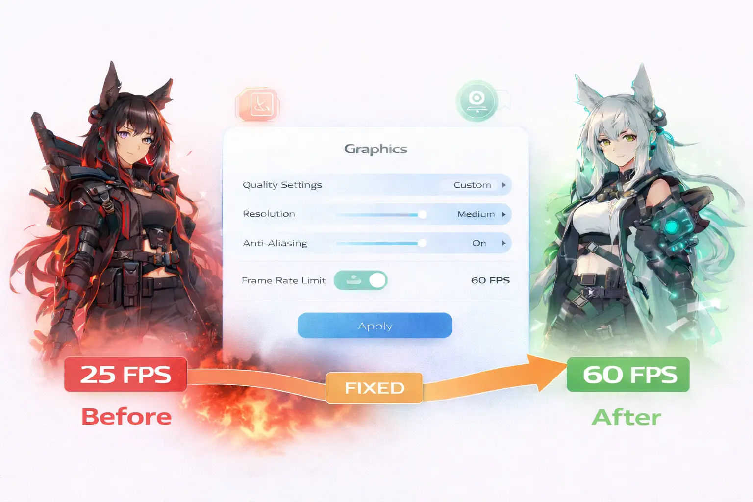 Arknights Endfield performance optimization showing FPS improvement from 25 to 60 through settings adjustments