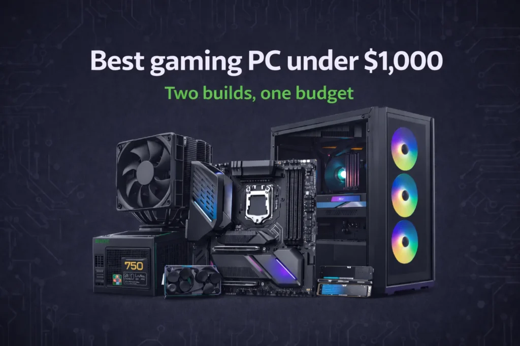 Best gaming PC builds under $1000 in 2026 showing two complete build options for competitive and 1440p gaming
