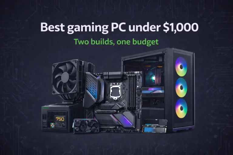 Best gaming PC builds under $1000 in 2026 showing two complete build options for competitive and 1440p gaming