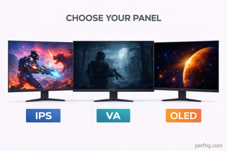 Gaming monitor panel types comparison showing IPS, VA, and OLED display technologies
