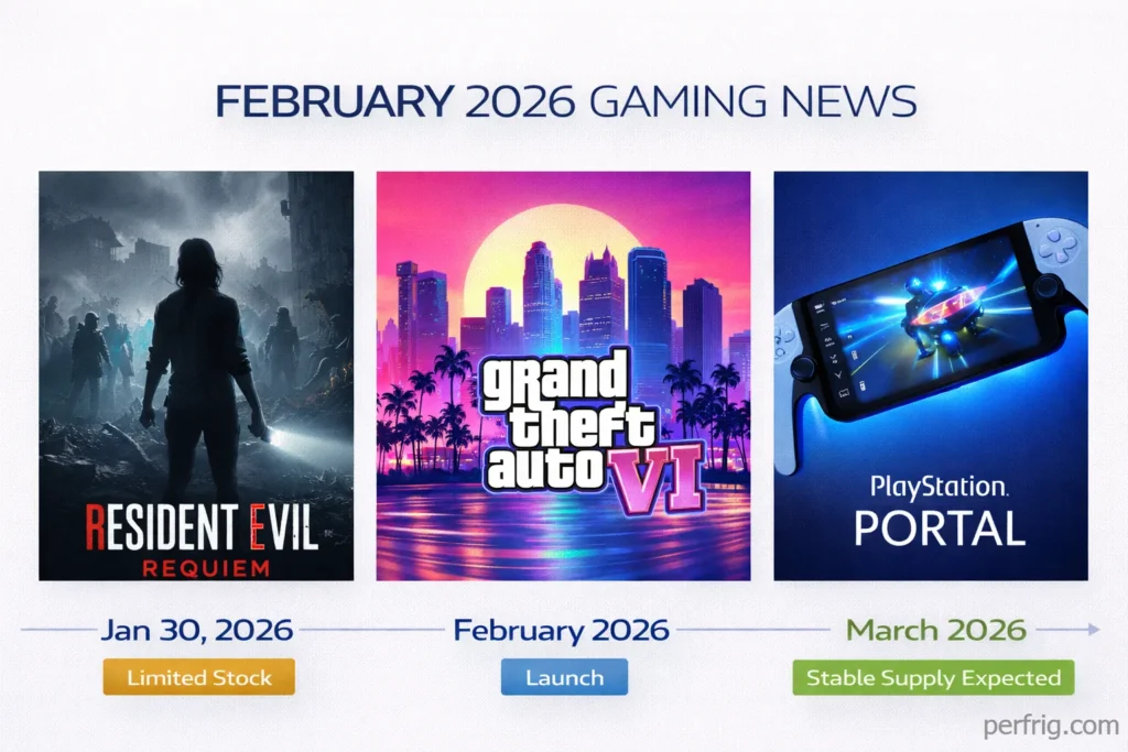 Gaming February 2026 news featuring GTA 6 leaks, Resident Evil Requiem launch, PlayStation Portal OLED