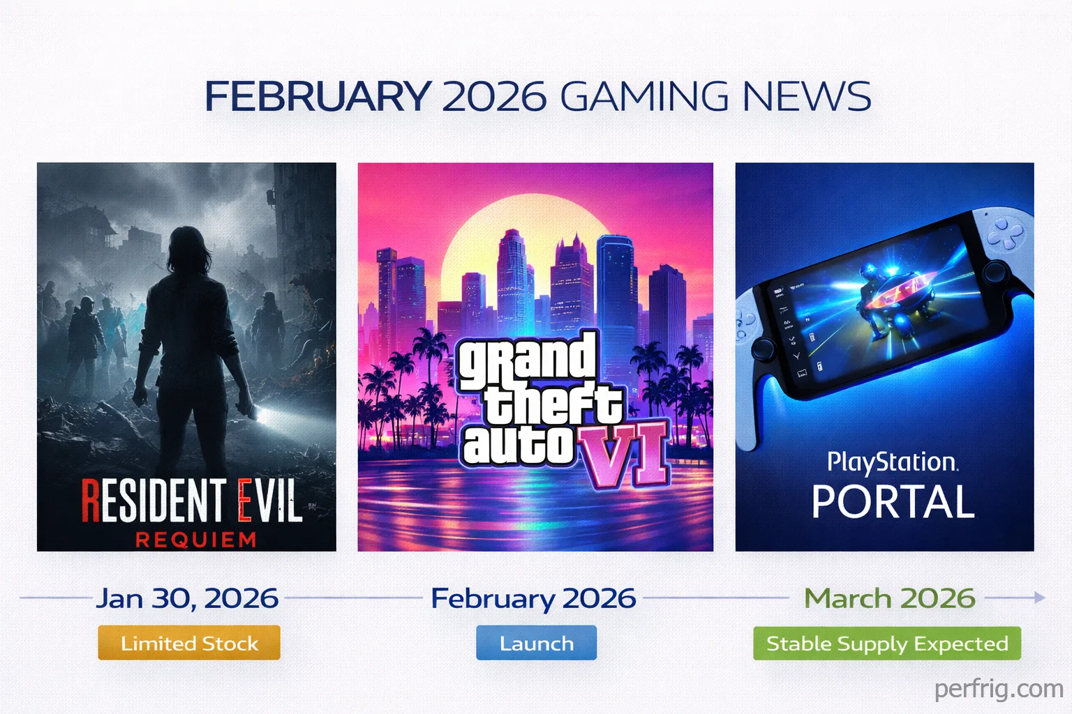 Gaming February 2026 news featuring GTA 6 leaks, Resident Evil Requiem launch, PlayStation Portal OLED