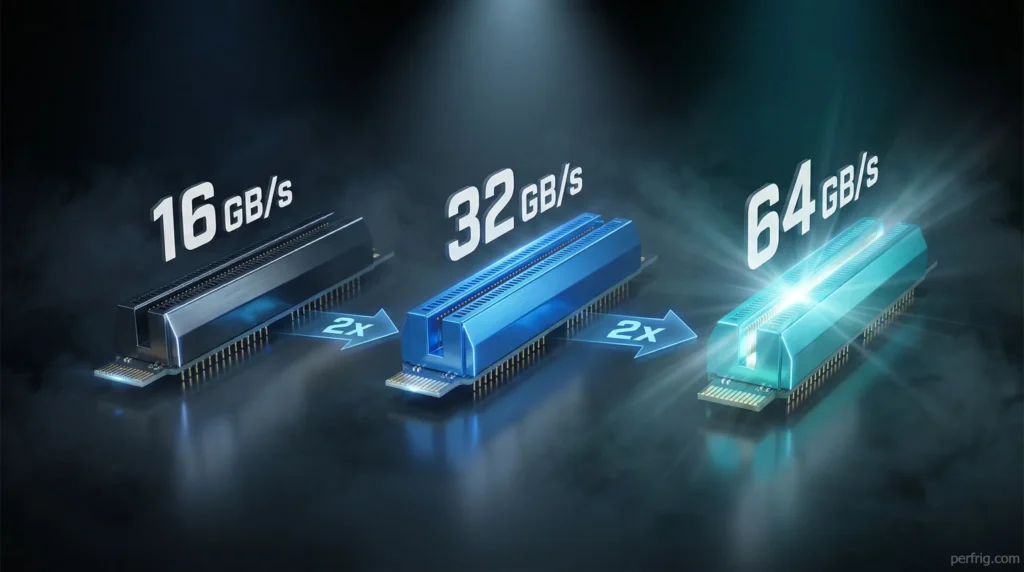 PCIe bandwidth comparison chart showing PCIe 3.0 at 16 GB/s, PCIe 4.0 at 32 GB/s, and PCIe 5.0 at 64 GB/s