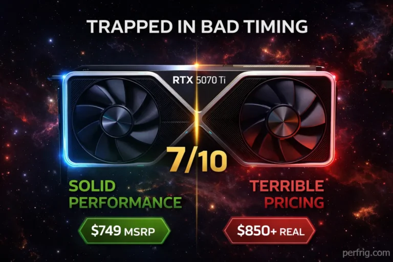 RTX 5070 Ti review showing 7/10 rating, solid performance but terrible pricing in 2026