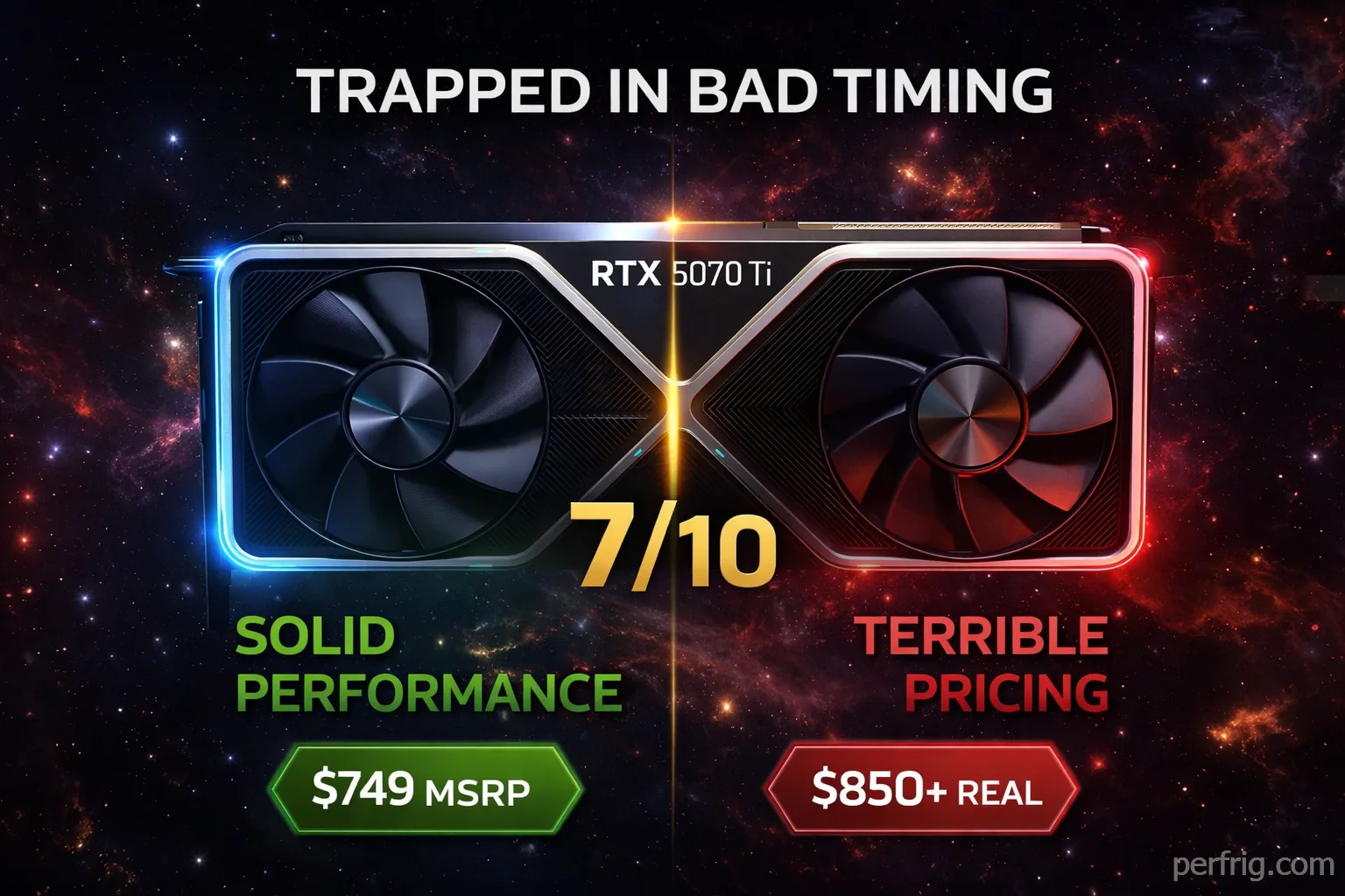RTX 5070 Ti review showing 7/10 rating, solid performance but terrible pricing in 2026