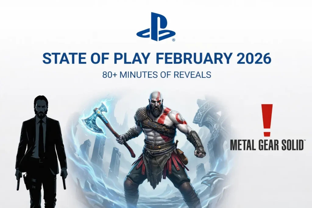 Sony State of Play February 2026 showcase banner featuring God of War, John Wick game, and Metal Gear Solid announcements