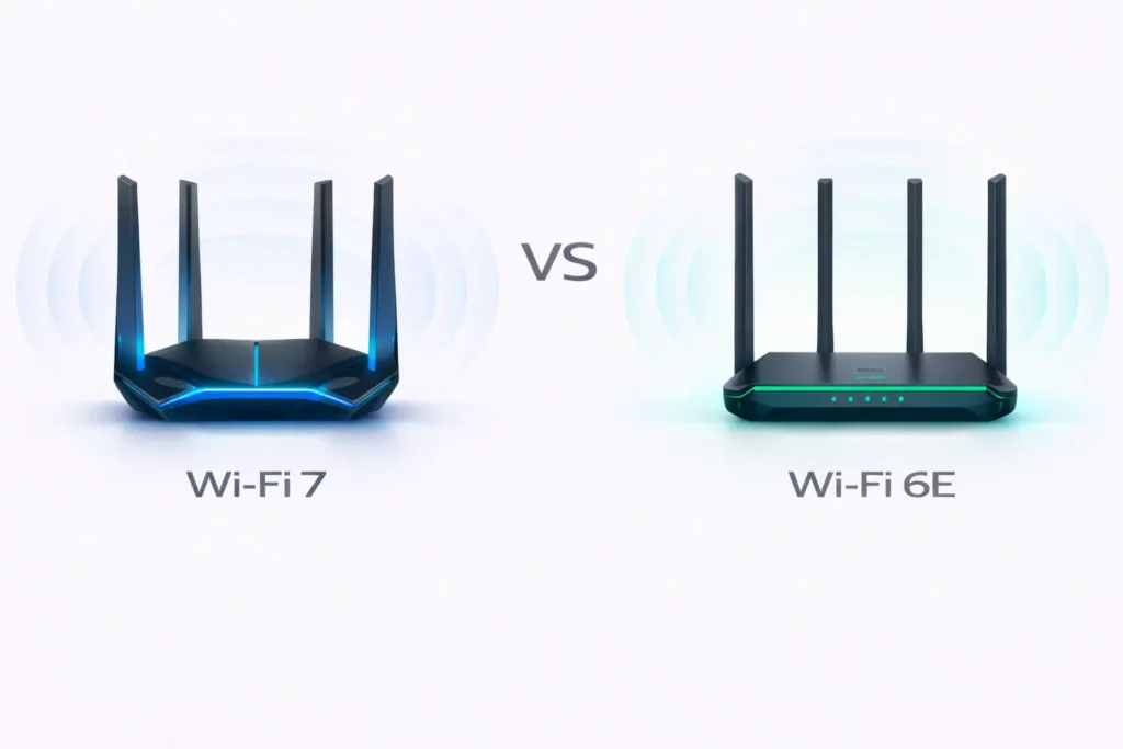 WiFi 7 versus WiFi 6E router comparison showing speed and latency differences for gaming