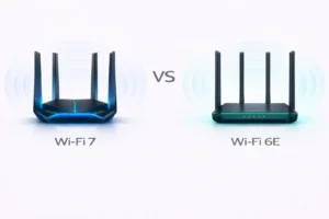 WiFi 7 versus WiFi 6E router comparison showing speed and latency differences for gaming