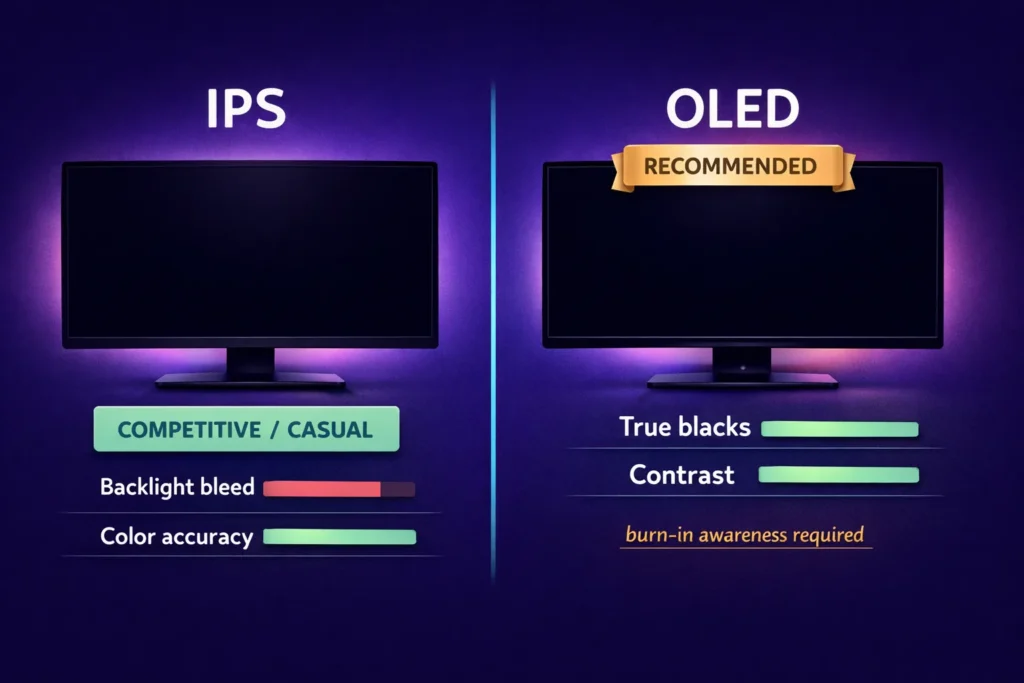 IPS vs OLED 1440p gaming monitor comparison showing contrast backlight bleed color accuracy and use case differences