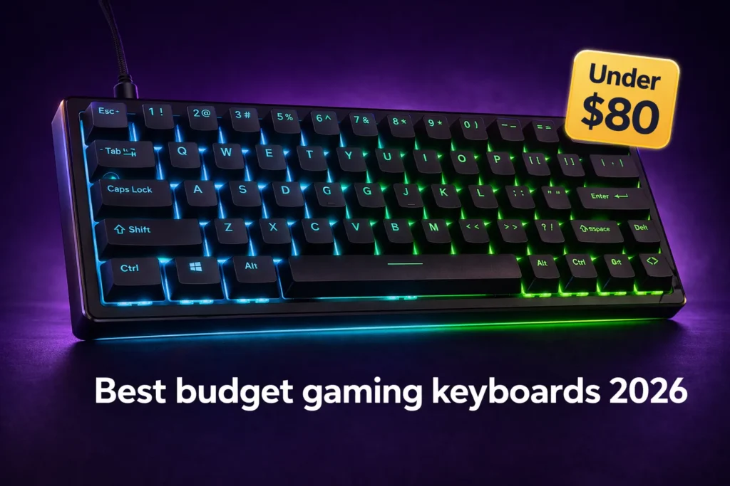 Best budget gaming keyboards under $80 in 2026 showing top mechanical keyboard picks with hot-swap switches and RGB for competitive gaming