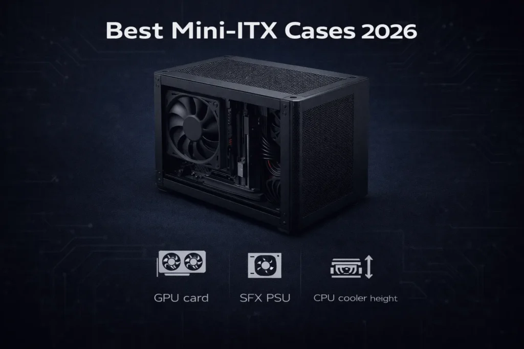 Best mini-ITX cases 2026 guide showing compact gaming PC build with mesh airflow panels and modern GPU clearance