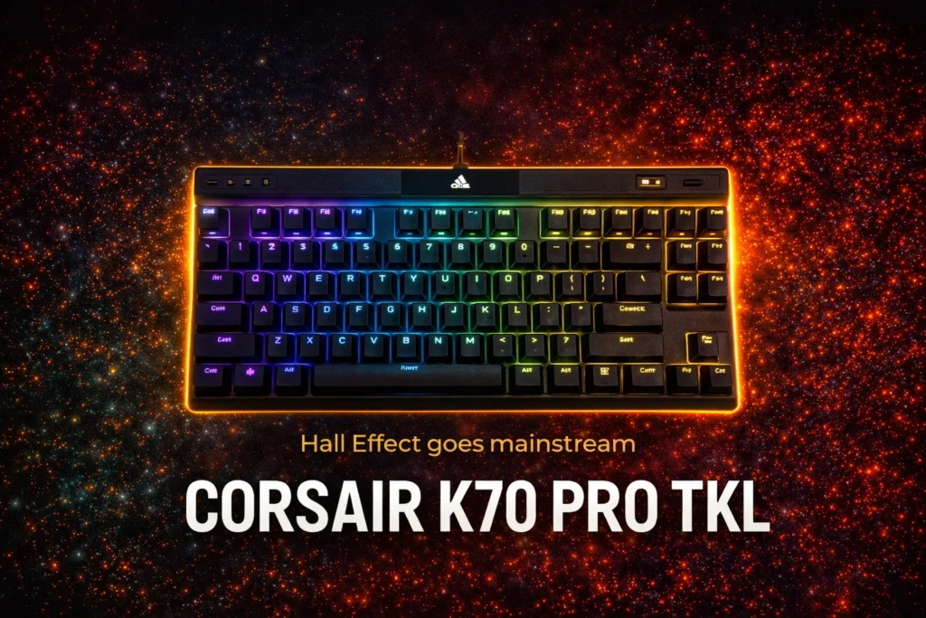 Corsair K70 Pro TKL review featured image showing Hall Effect mechanical keyboard for competitive gaming