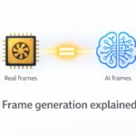 Frame generation explained guide showing difference between real GPU rendered FPS and AI synthesized frames for PC gaming performance