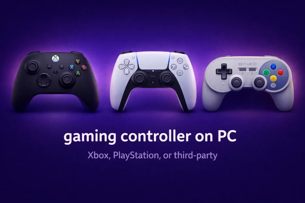 Gaming controller on PC guide comparing Xbox DualSense and third-party controllers for Windows gaming