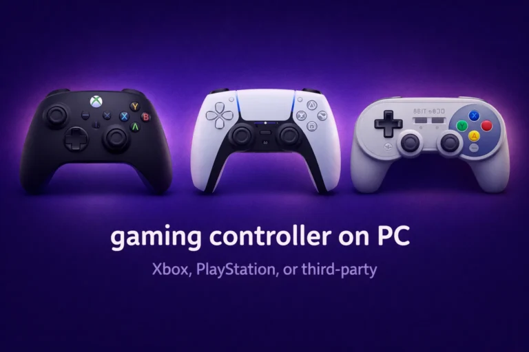 Gaming controller on PC guide comparing Xbox DualSense and third-party controllers for Windows gaming