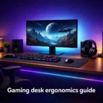 Gaming desk setup ergonomics guide for long sessions covering monitor height chair pairing wrist positioning and lighting for eye fatigue reduction