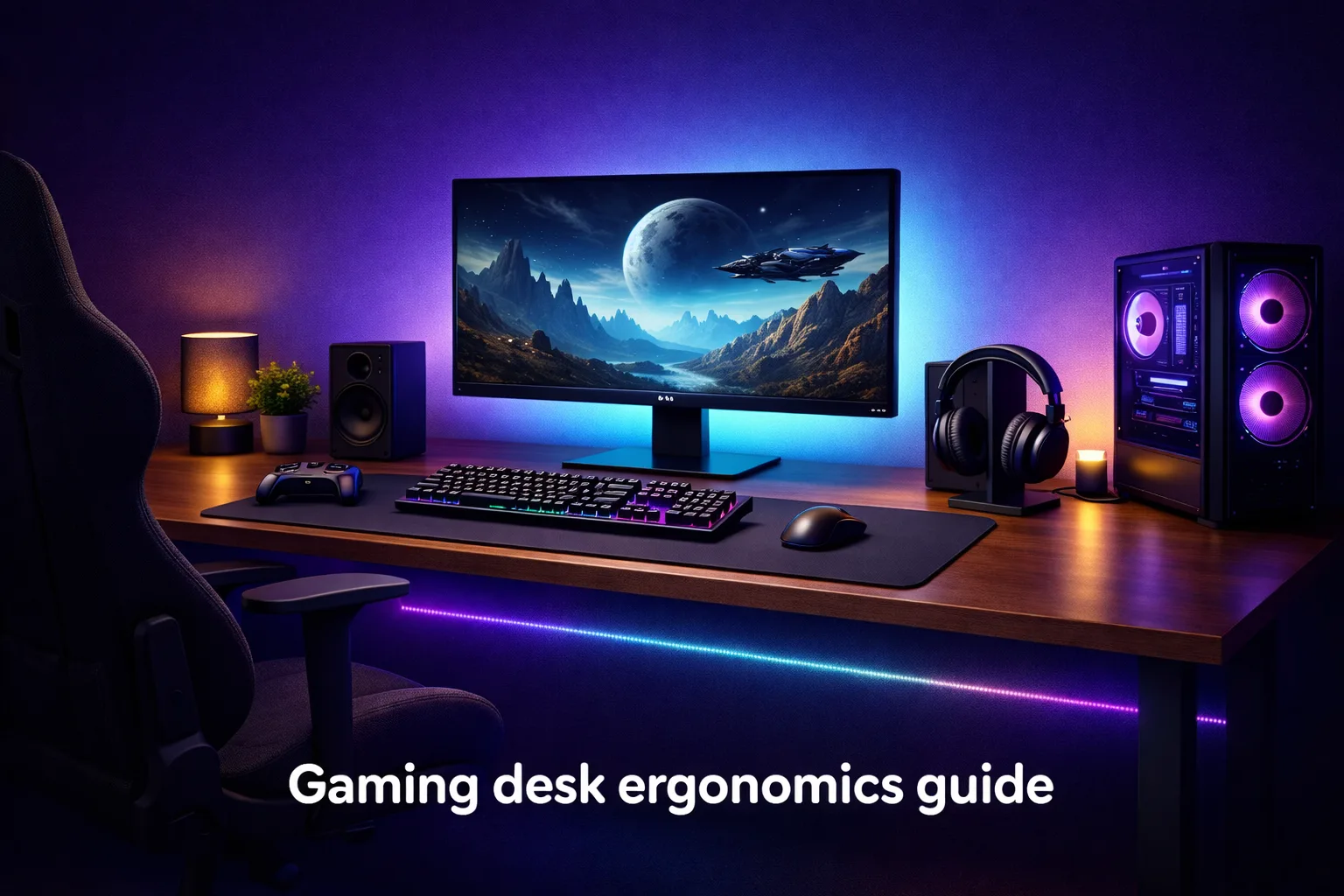 Gaming desk setup ergonomics guide for long sessions covering monitor height chair pairing wrist positioning and lighting for eye fatigue reduction