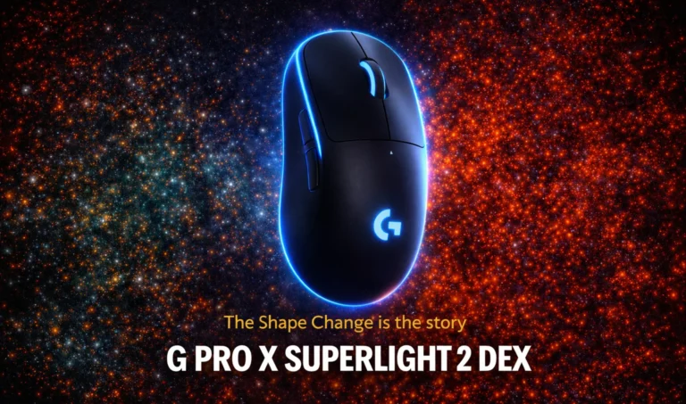 Logitech G Pro X Superlight 2 DEX review showing ergonomic right-handed gaming mouse with Hero 2 sensor and 8000Hz wireless polling