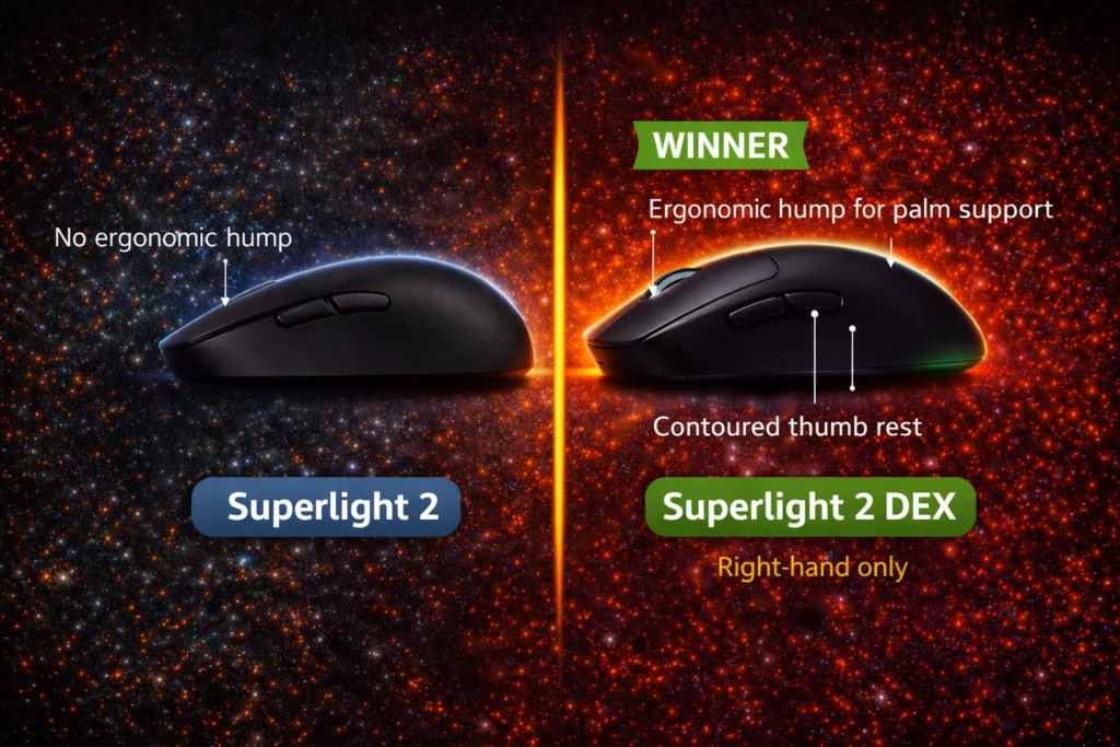 Logitech Superlight 2 DEX versus original Superlight 2 shape comparison showing ergonomic hump and contoured thumb rest for right-handed gamers
