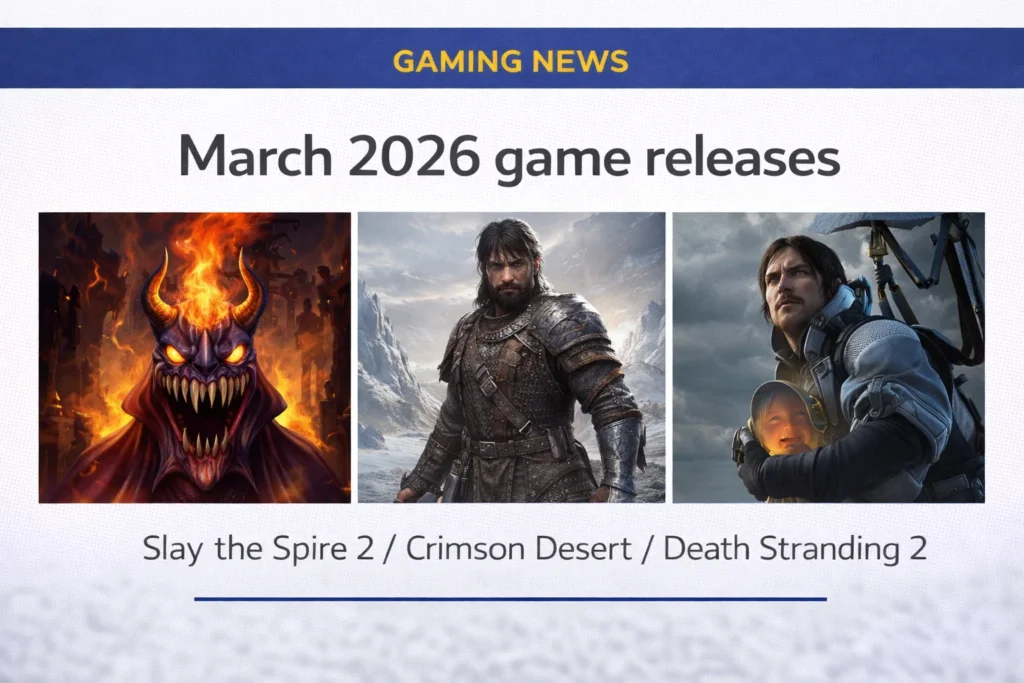 March 2026 gaming news showing release schedule for Slay the Spire 2 Crimson Desert Death Stranding 2 and other major PC games
