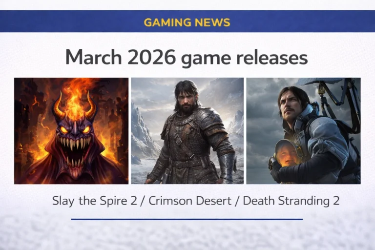 March 2026 gaming news showing release schedule for Slay the Spire 2 Crimson Desert Death Stranding 2 and other major PC games