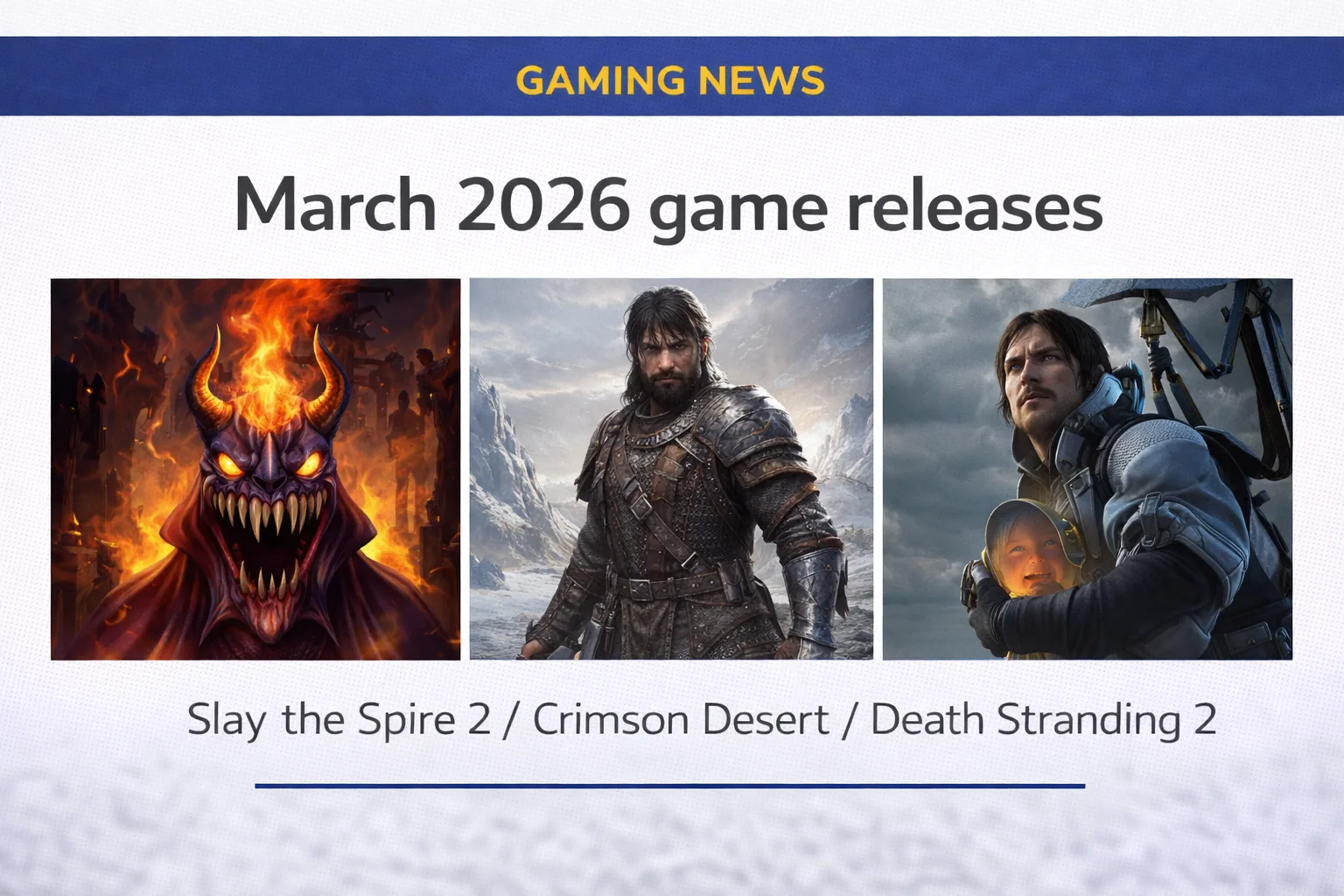 March 2026 gaming news showing release schedule for Slay the Spire 2 Crimson Desert Death Stranding 2 and other major PC games