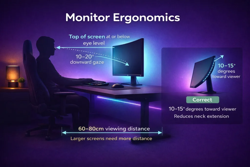 Monitor ergonomics diagram showing correct eye level height downward gaze angle and viewing distance for 27-inch gaming monitor setup
