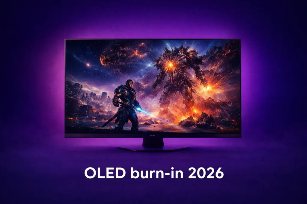 OLED burn-in 2026 guide examining real risk versus overstated fear for gaming monitor buyers with long-term test data