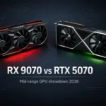 RX 9070 vs RTX 5070 mid-range GPU comparison showing AMD RDNA 4 versus NVIDIA Blackwell architecture for 1440p and 4K gaming in 2026