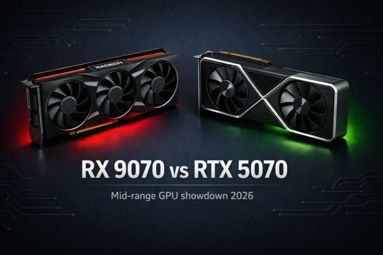 RX 9070 vs RTX 5070 mid-range GPU comparison showing AMD RDNA 4 versus NVIDIA Blackwell architecture for 1440p and 4K gaming in 2026